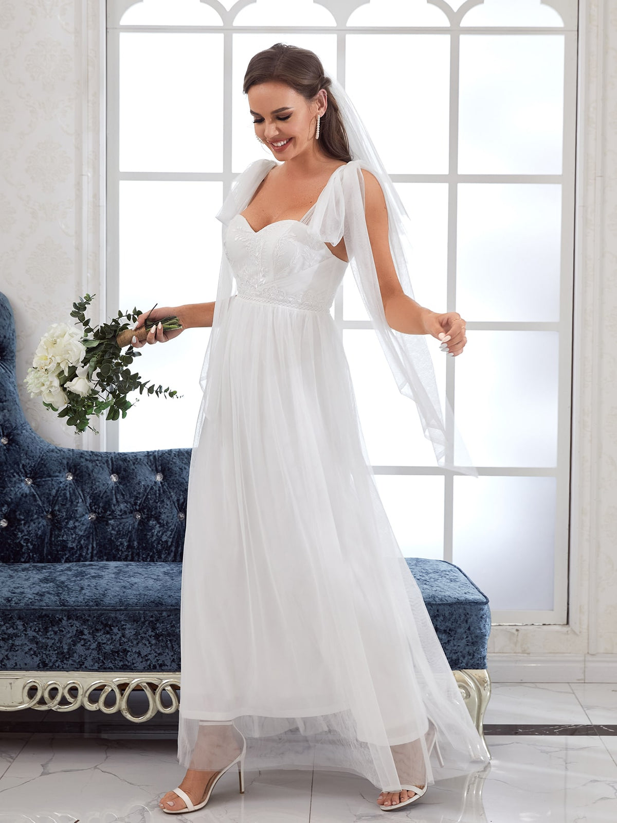 Tie Shoulder Guipure Lace Panel Mesh Wedding Dress Without Veil