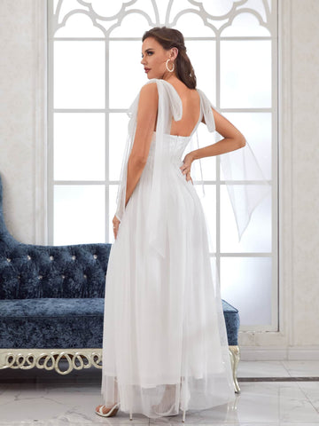 Tie Shoulder Guipure Lace Panel Mesh Wedding Dress Without Veil