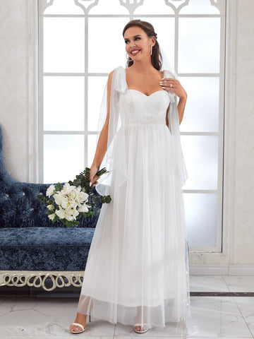 Tie Shoulder Guipure Lace Panel Mesh Wedding Dress Without Veil