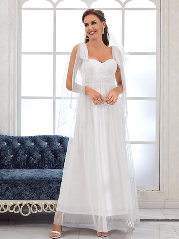 Tie Shoulder Guipure Lace Panel Mesh Wedding Dress Without Veil