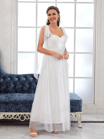 Tie Shoulder Guipure Lace Panel Mesh Wedding Dress Without Veil