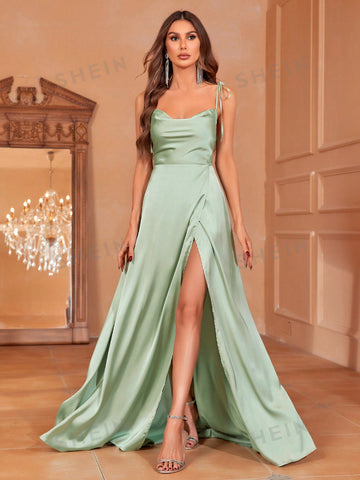 Tie Shoulder Wrap Hem Satin Cami Formal Dress