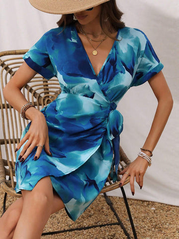 Tie Waist Wrap Dress With Ombre Floral Print