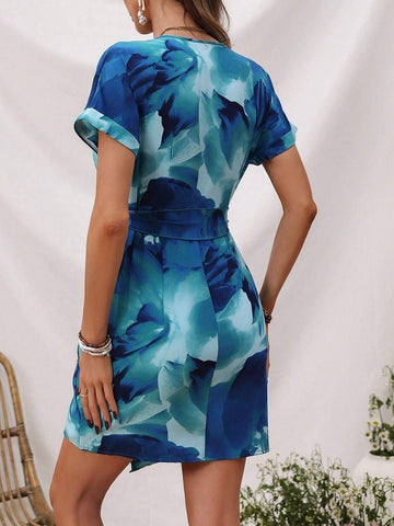 Tie Waist Wrap Dress With Ombre Floral Print