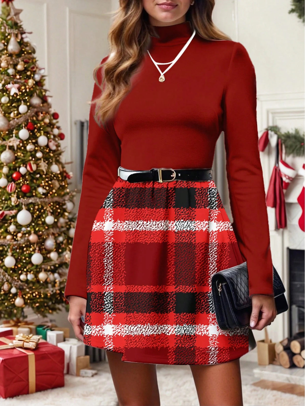 Tim Lord Artist Funnel Neck Plaid Casual Minimalist New Years Pattern Elegant Dress Without Belt For Women, Suitable For Autumn/Winter, Holiday, Vacation