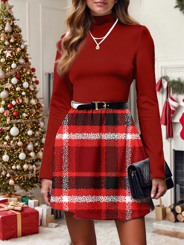 Tim Lord Artist Funnel Neck Plaid Casual Minimalist New Years Pattern Elegant Dress Without Belt For Women, Suitable For Autumn/Winter, Holiday, Vacation