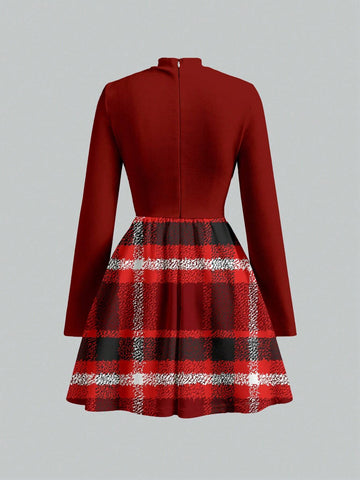 Tim Lord Artist Funnel Neck Plaid Casual Minimalist New Years Pattern Elegant Dress Without Belt For Women, Suitable For Autumn/Winter, Holiday, Vacation