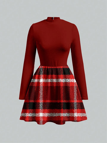 Tim Lord Artist Funnel Neck Plaid Casual Minimalist New Years Pattern Elegant Dress Without Belt For Women, Suitable For Autumn/Winter, Holiday, Vacation