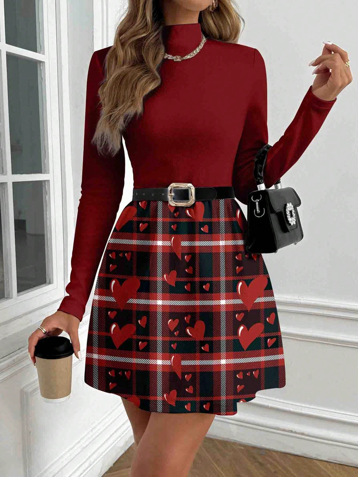 Tim Lord Burgundy Casual Simple Elegant Party Dress For Women, Suitable For Autumn/Winter Vacation, Red Festival Women Clothing, Valentine's Day Dress