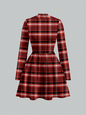 Tim Lord Funnel Neck Plaid Long Sleeve Casual Dress Without Belt, Suitable For Winter Women Clothes For New Year Party, Holiday, Thanksgiving