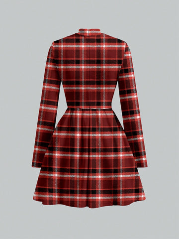 Tim Lord Funnel Neck Plaid Long Sleeve Casual Dress Without Belt, Suitable For Winter Women Clothes For New Year Party, Holiday, Thanksgiving
