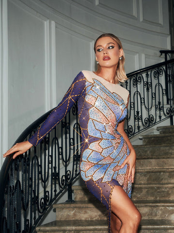 Tisa Wing Printed Rhinestone Mesh Dress