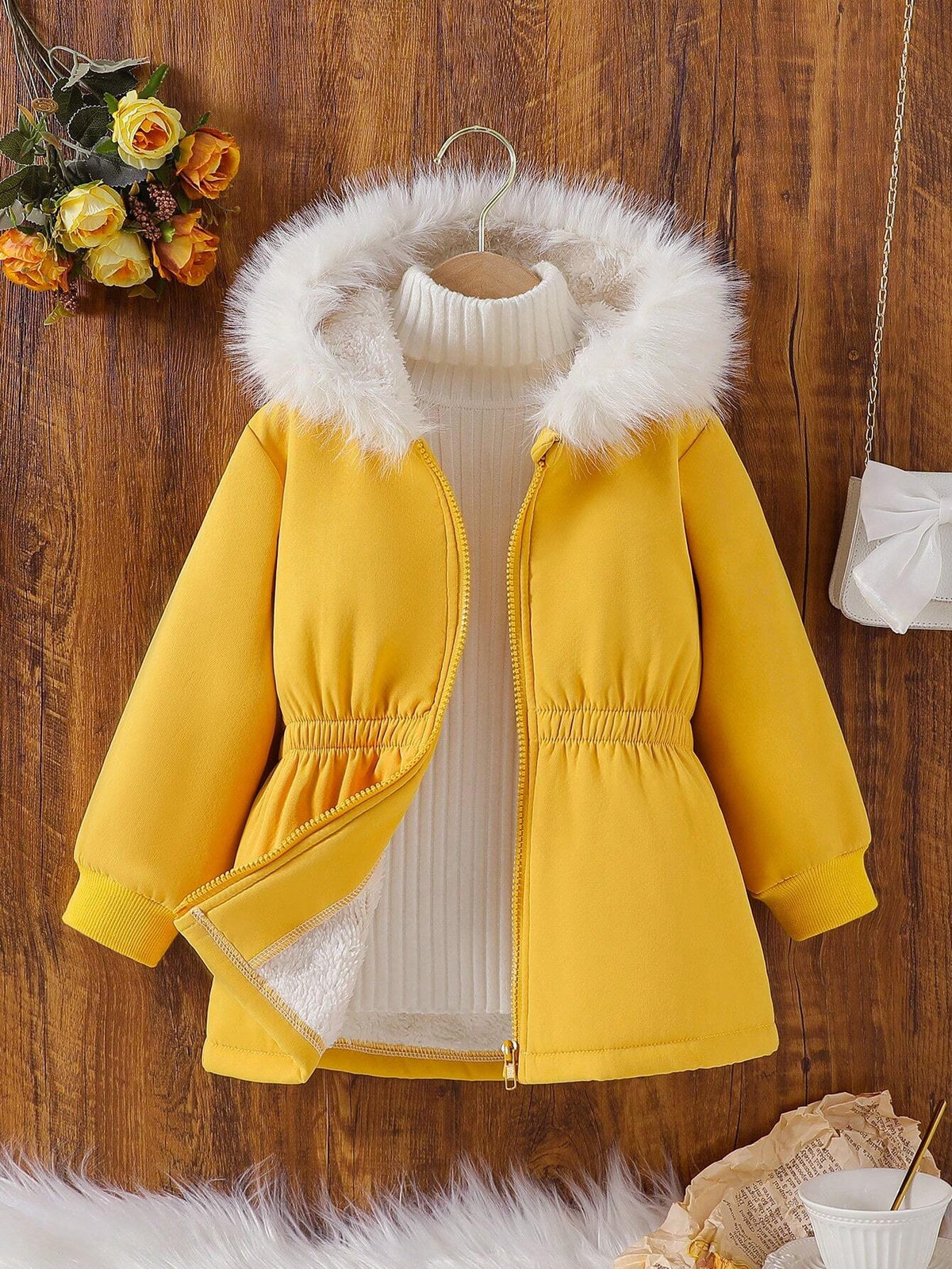 Toddler/Little Girl Khaki Embroidered 3D Flower Furry Collar Warm Jacket