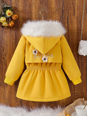 Toddler/Little Girl Khaki Embroidered 3D Flower Furry Collar Warm Jacket