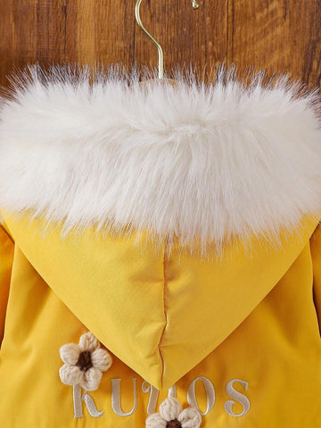Toddler/Little Girl Khaki Embroidered 3D Flower Furry Collar Warm Jacket