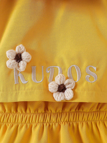 Toddler/Little Girl Khaki Embroidered 3D Flower Furry Collar Warm Jacket
