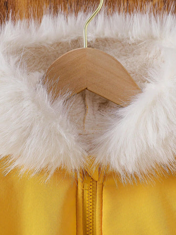 Toddler/Little Girl Khaki Embroidered 3D Flower Furry Collar Warm Jacket
