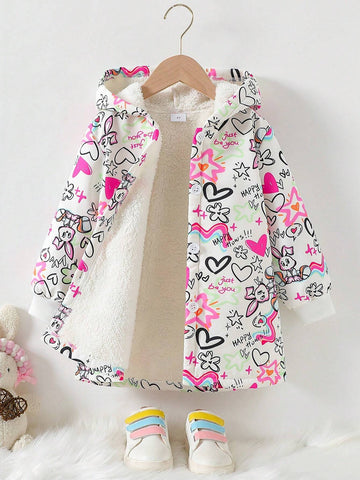Toddler/Little Girls White Graffiti Rabbit All-Over Printing Hooded Fleece Warm Jacket