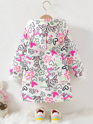 Toddler/Little Girls White Graffiti Rabbit All-Over Printing Hooded Fleece Warm Jacket