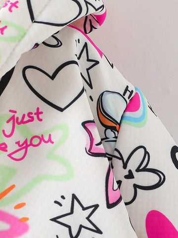 Toddler/Little Girls White Graffiti Rabbit All-Over Printing Hooded Fleece Warm Jacket
