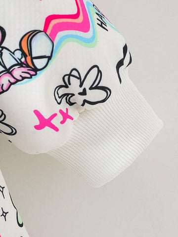 Toddler/Little Girls White Graffiti Rabbit All-Over Printing Hooded Fleece Warm Jacket