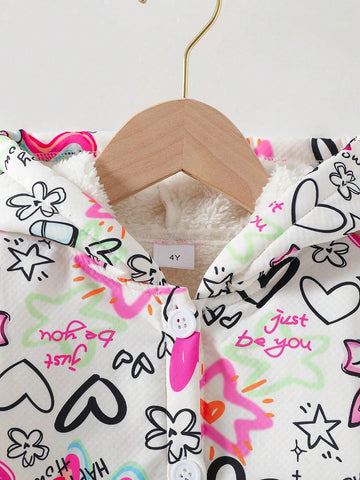 Toddler/Little Girls White Graffiti Rabbit All-Over Printing Hooded Fleece Warm Jacket
