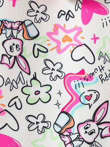 Toddler/Little Girls White Graffiti Rabbit All-Over Printing Hooded Fleece Warm Jacket