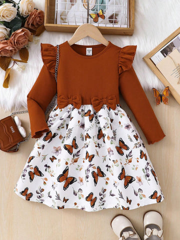 Toddler And Young Girl Elegant Butterfly Print Puffed Sleeve Casual Dress,Suitable For Casual Everyday Wear