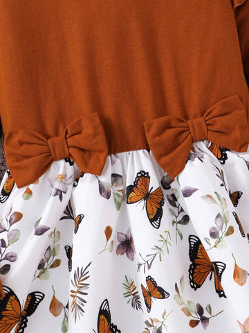 Toddler And Young Girl Elegant Butterfly Print Puffed Sleeve Casual Dress,Suitable For Casual Everyday Wear