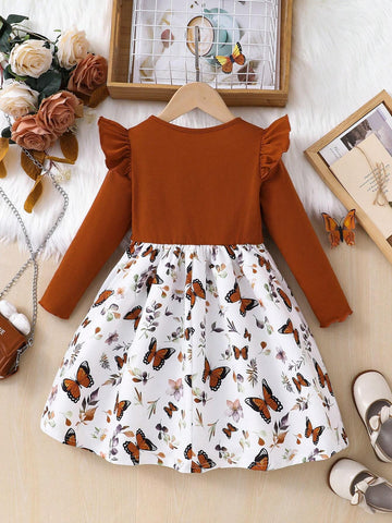 Toddler And Young Girl Elegant Butterfly Print Puffed Sleeve Casual Dress,Suitable For Casual Everyday Wear