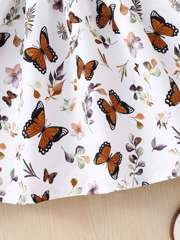Toddler And Young Girl Elegant Butterfly Print Puffed Sleeve Casual Dress,Suitable For Casual Everyday Wear