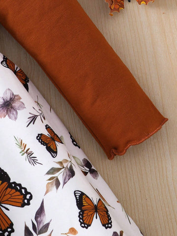 Toddler And Young Girl Elegant Butterfly Print Puffed Sleeve Casual Dress,Suitable For Casual Everyday Wear