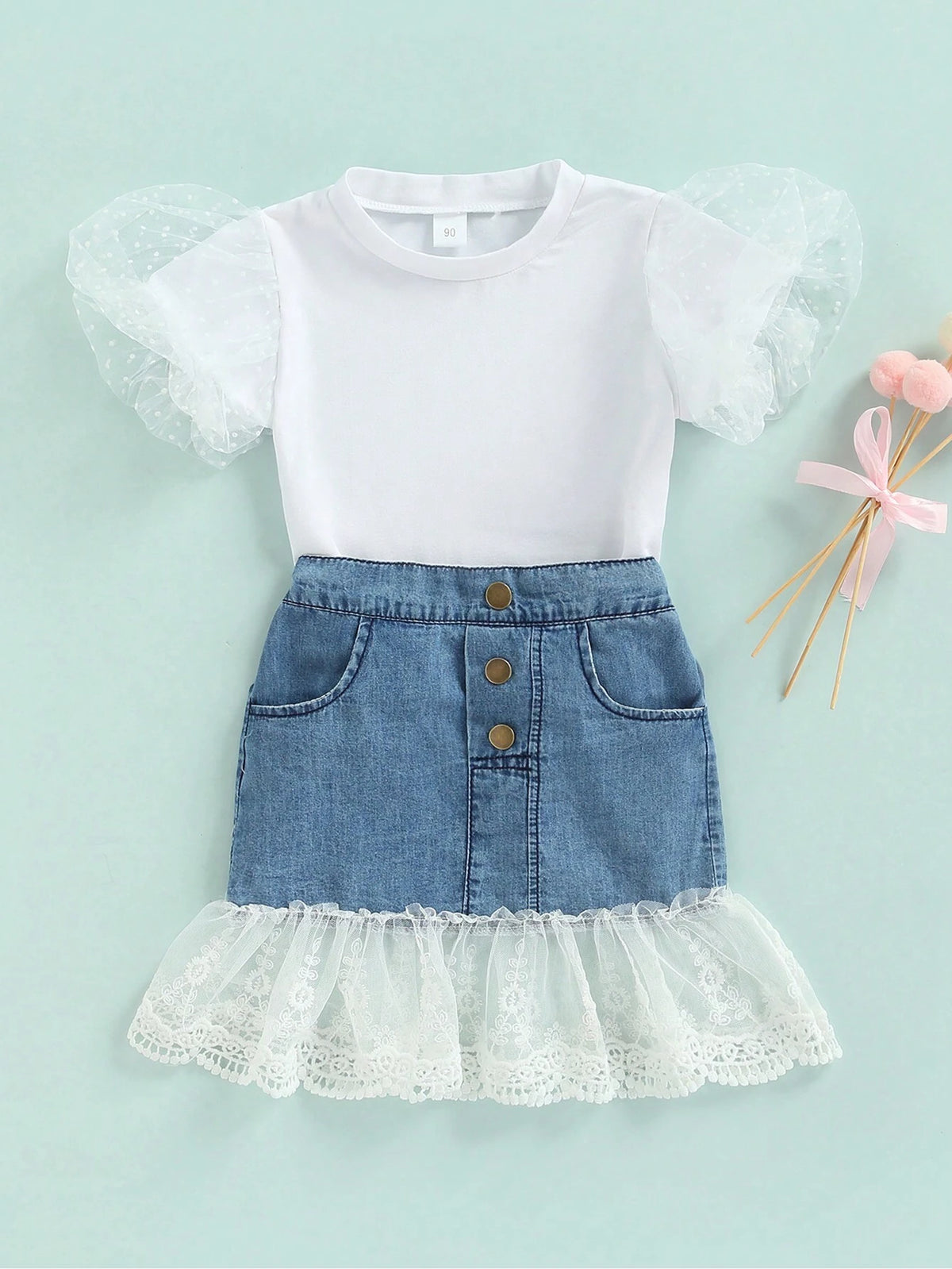 Toddler Baby Girls Puff Sleeve T Shirts Top+Lace Ruffle Mermaid Denim Skirt Two Piece Clothes Outfits