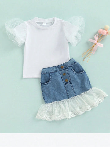 Toddler Baby Girls Puff Sleeve T Shirts Top+Lace Ruffle Mermaid Denim Skirt Two Piece Clothes Outfits