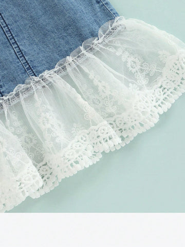 Toddler Baby Girls Puff Sleeve T Shirts Top+Lace Ruffle Mermaid Denim Skirt Two Piece Clothes Outfits