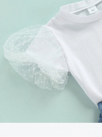 Toddler Baby Girls Puff Sleeve T Shirts Top+Lace Ruffle Mermaid Denim Skirt Two Piece Clothes Outfits