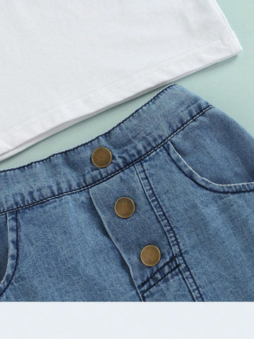 Toddler Baby Girls Puff Sleeve T Shirts Top+Lace Ruffle Mermaid Denim Skirt Two Piece Clothes Outfits