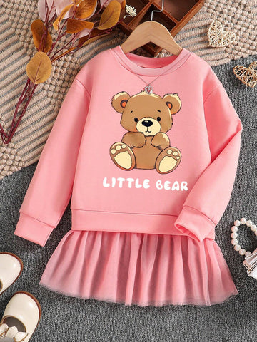 Toddler Bear Print Contrast Color Mesh Fabric 2-In-1 Sports Dress