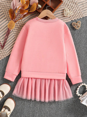 Toddler Bear Print Contrast Color Mesh Fabric 2-In-1 Sports Dress
