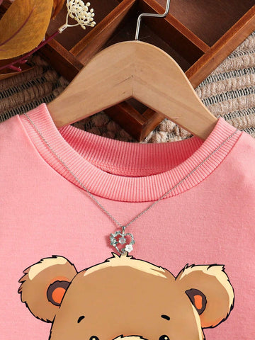 Toddler Bear Print Contrast Color Mesh Fabric 2-In-1 Sports Dress