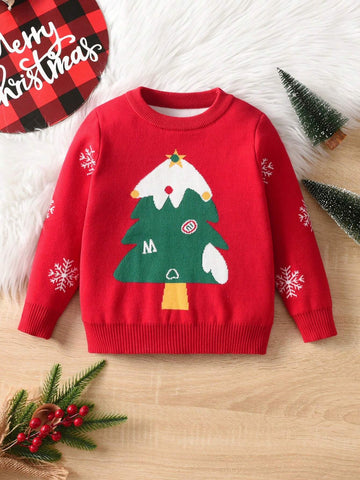 Toddler Boy/Girl Christmas Tree & Snowflake Print Pullover Sweater, Suitable For Spring, Autumn And Winter
