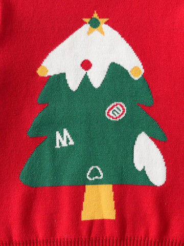 Toddler Boy/Girl Christmas Tree & Snowflake Print Pullover Sweater, Suitable For Spring, Autumn And Winter