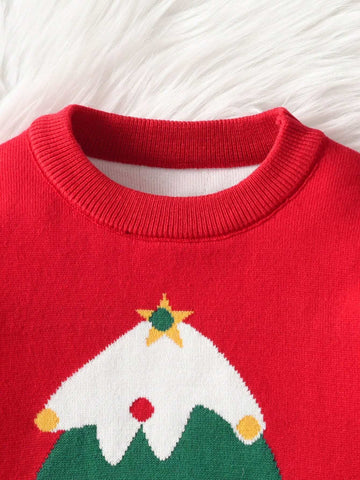 Toddler Boy/Girl Christmas Tree & Snowflake Print Pullover Sweater, Suitable For Spring, Autumn And Winter