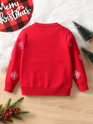 Toddler Boy/Girl Christmas Tree & Snowflake Print Pullover Sweater, Suitable For Spring, Autumn And Winter