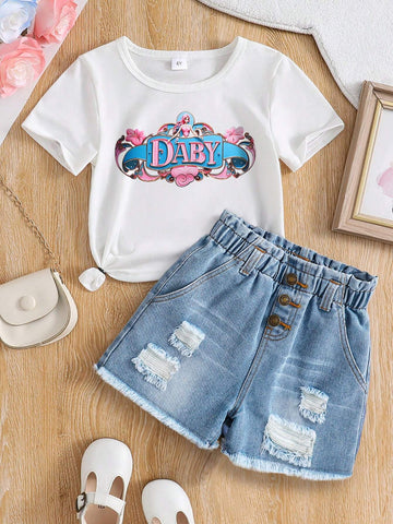 Toddler Boys' Letter Print Short Sleeve T-Shirt And Denim Shorts