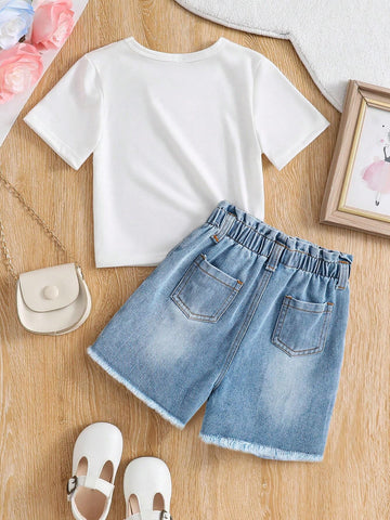 Toddler Boys' Letter Print Short Sleeve T-Shirt And Denim Shorts