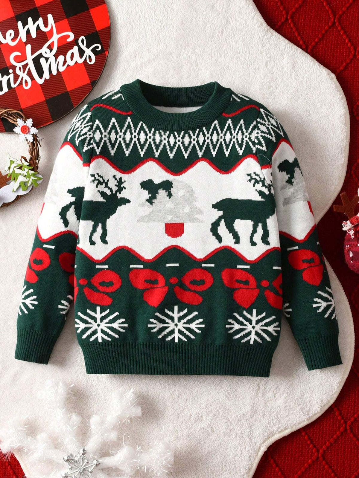 Toddler Boys & Girls Christmas Snowflake & Reindeer Knit Pullover Sweater, Spring, Autumn, Winter