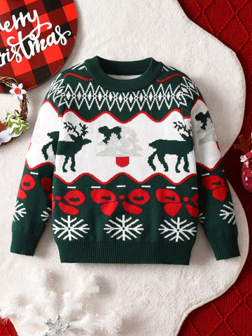 Toddler Boys & Girls Christmas Snowflake & Reindeer Knit Pullover Sweater, Spring, Autumn, Winter