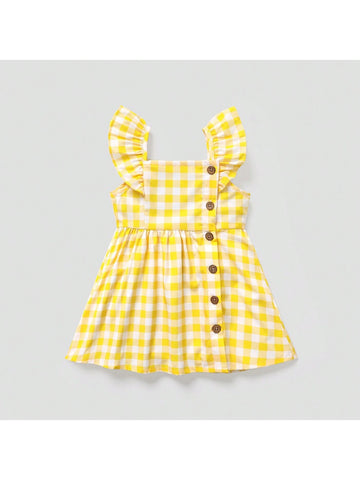 Toddler Girl Button Design Lemon Print/Checkerboard Flutter-Sleeve Dress