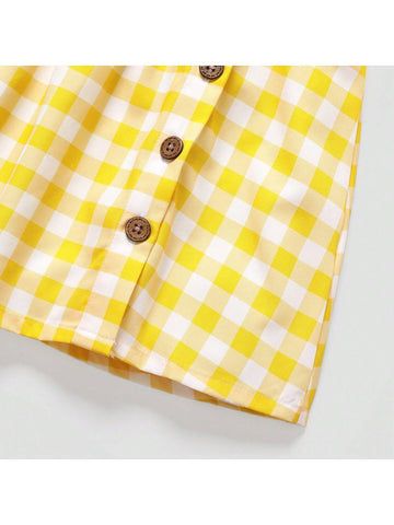 Toddler Girl Button Design Lemon Print/Checkerboard Flutter-Sleeve Dress